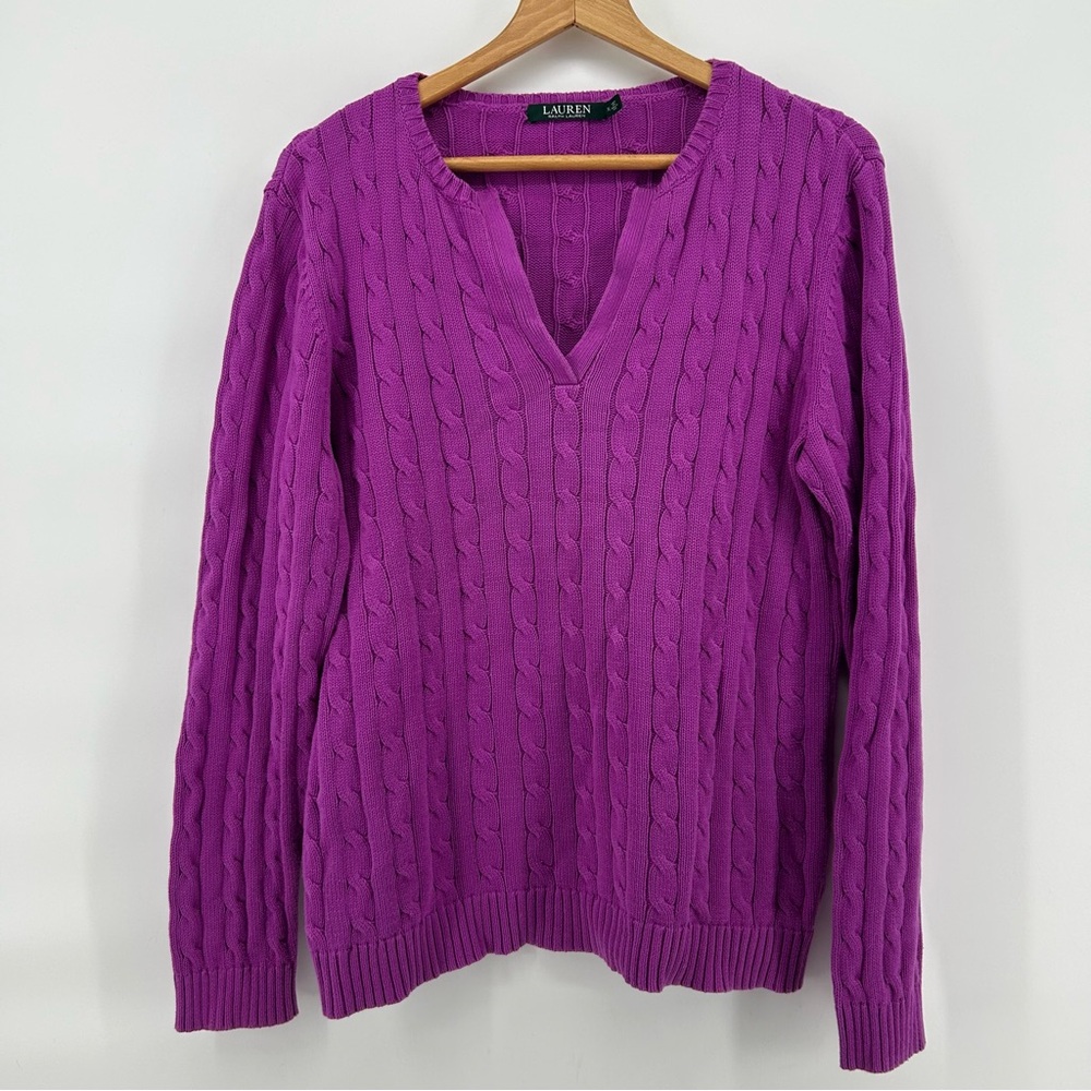 Lauren Ralph Lauren Cable Knit Sweater Womens XL Purple Cozy Casual Cotton